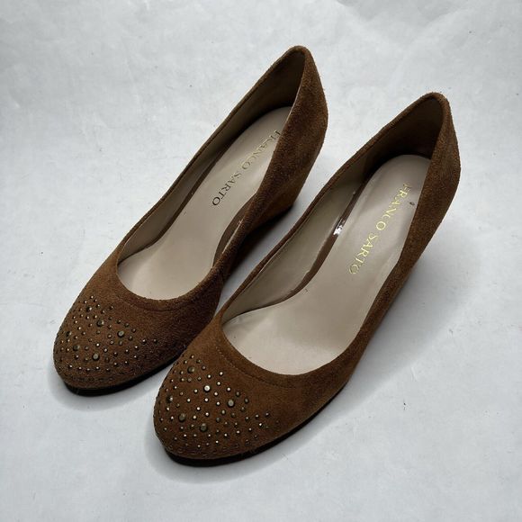 Franco Sarto Womens 8 Desert Camel Suede Zinc Embellished Suede Wedge Tan Brown - Picture 1 of 10